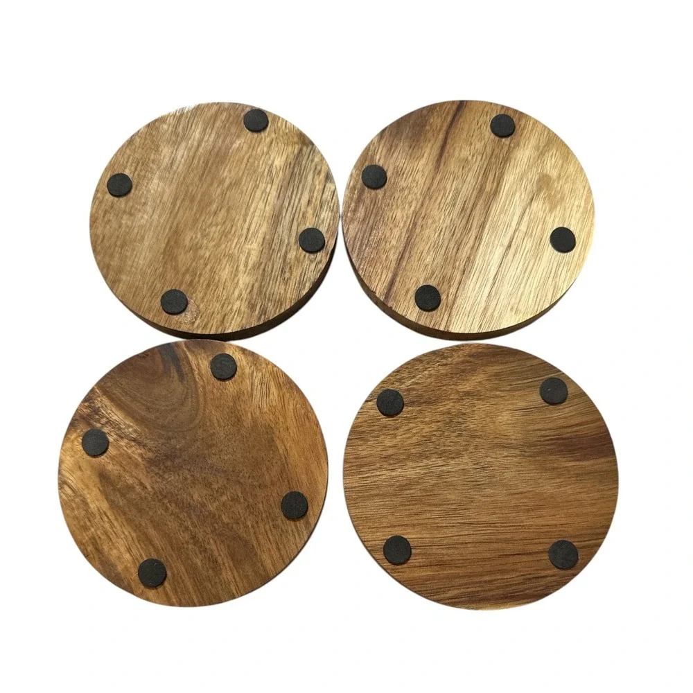 Set of 4 Wood Engraved Floral Coasters Natural Wood Round Various Wildflower 4in